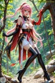 A woman in a fantasy outfit stands in a forest setting.